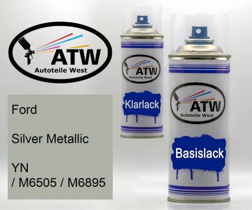 Ford, Silver Metallic, YN / M6505 / M6895: 400ml Sprühdose + 400ml Klarlack - Set, von ATW Autoteile West.